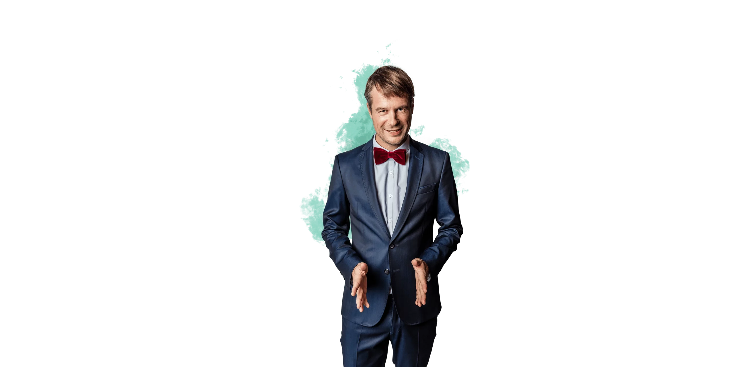 Man med grönt moln bakom sig.